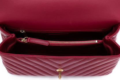 Coco Chevron Small Red Top Handle Bag in Calfskin, Gold hardware