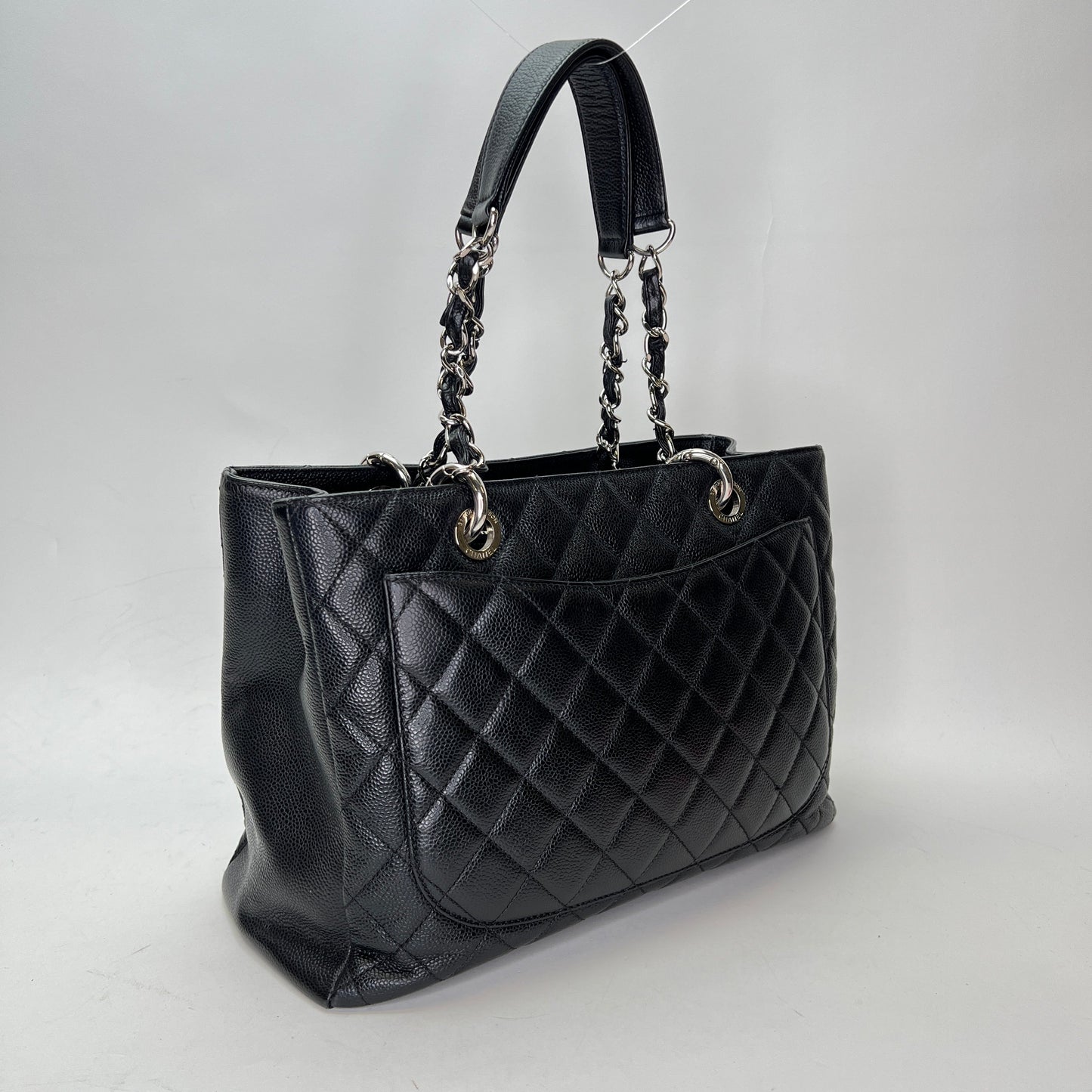 GST Black Tote Bag in Caviar Leather, Silver hardware