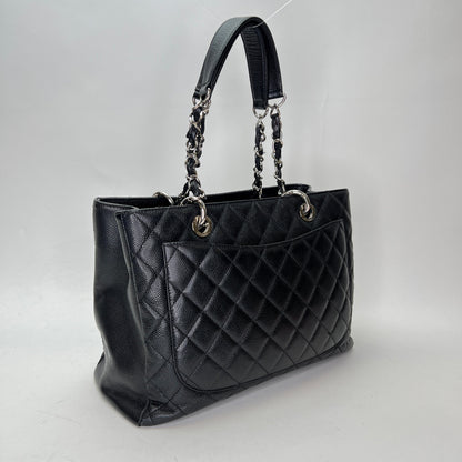 GST Black Tote Bag in Caviar Leather, Silver hardware