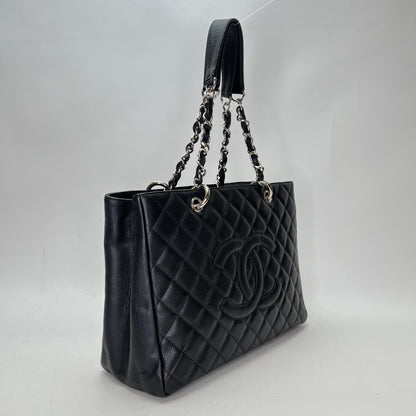 GST Black Tote Bag in Caviar Leather, Silver hardware
