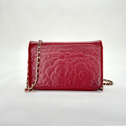 Camellia Red Wallet on Chain in Lambskin, Gold hardware