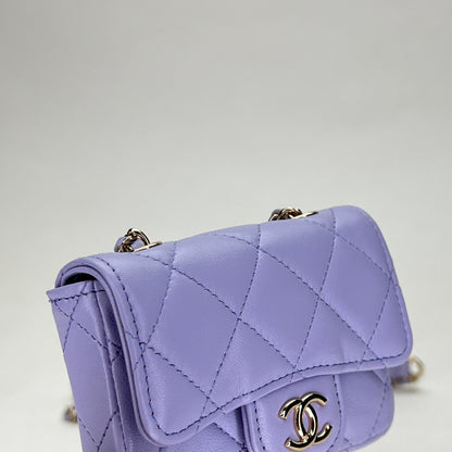 Classic Flap Chain Mini Purple Card Holder in Lambskin, Light Gold hardware