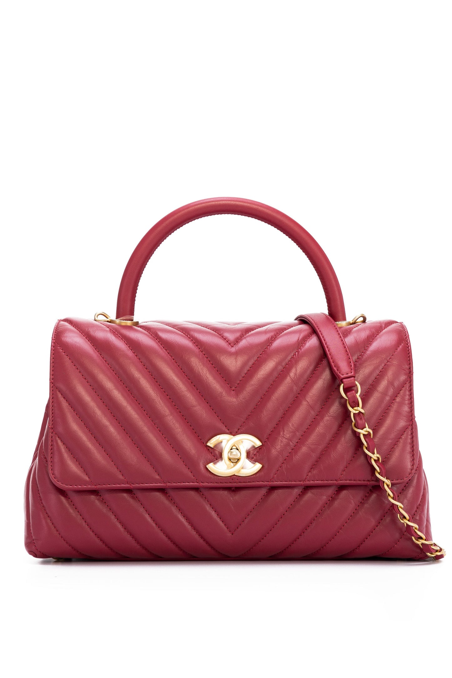Coco Chevron Small Red Top Handle Bag in Calfskin, Gold hardware