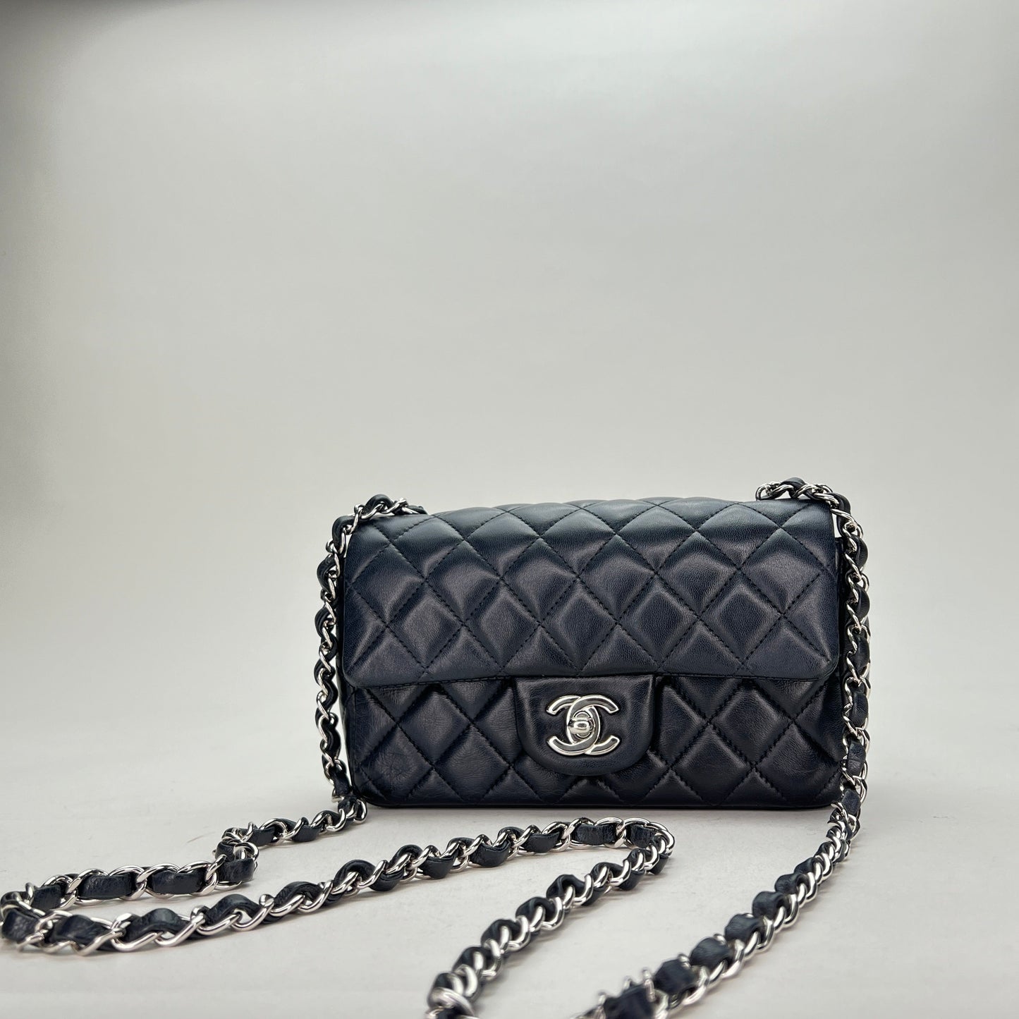 Classic Flap Mini Rectangle Navy Shoulder Bag in Lambskin, Silver hardware