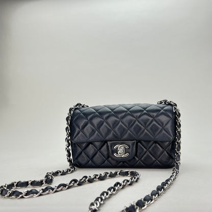 Classic Flap Mini Rectangle Navy Shoulder Bag in Lambskin, Silver hardware