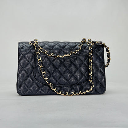 Classic Double Flap Mediun Black Shoulder Bag in Caviar Leather, Gold hardware