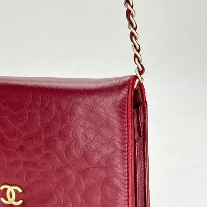 Camellia Red Wallet on Chain in Lambskin, Gold hardware