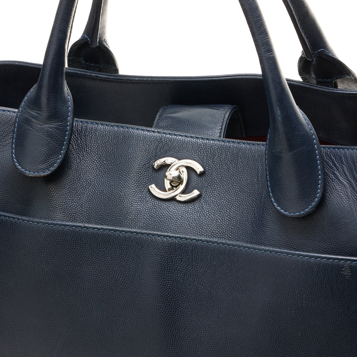 Cerf Executive Large Navy Tote Bag in Caviar Leather, Silver hardware