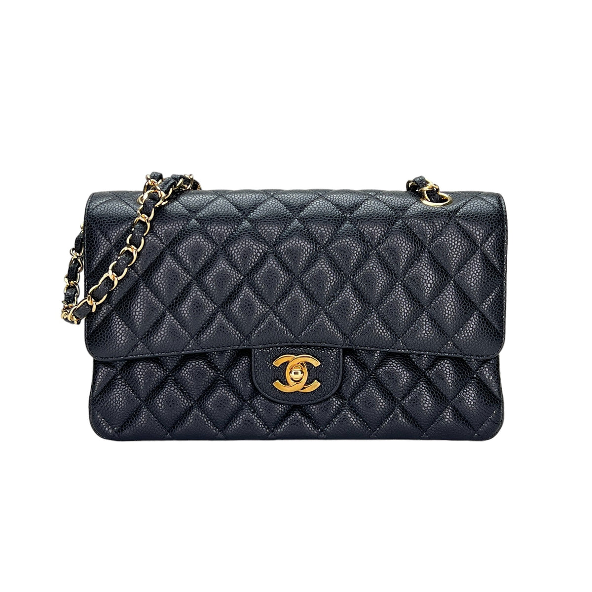 Classic Double Flap Mediun Black Shoulder Bag in Caviar Leather, Gold hardware
