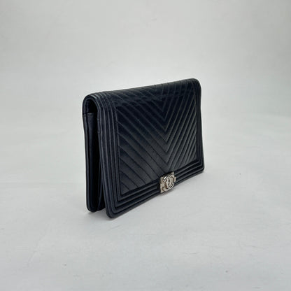 Boy Long Black Wallet in Calfskin, Silver hardware