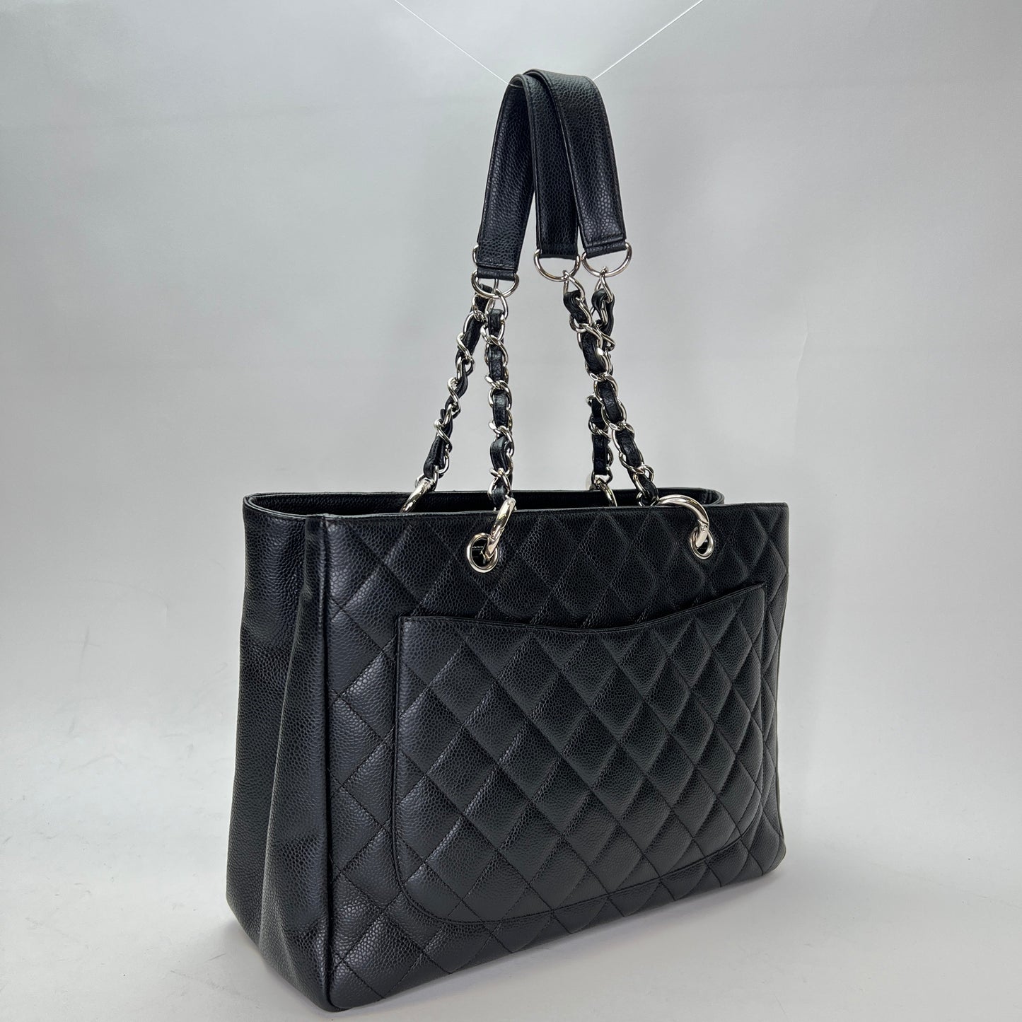 GST Black Tote Bag in Caviar Leather, Silver hardware