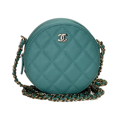Round Clutch with Chain Blue Crossbody Bag in Caviar Leather, Light Gold hardware