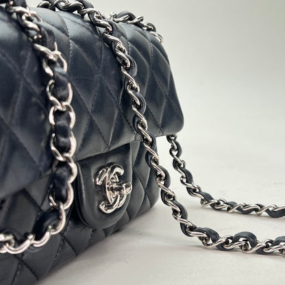 Classic Flap Mini Rectangle Navy Shoulder Bag in Lambskin, Silver hardware