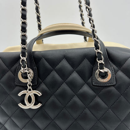 Quilted Feather Weight Bowling Black Top Handle Bag in Calfskin, Silver hardware