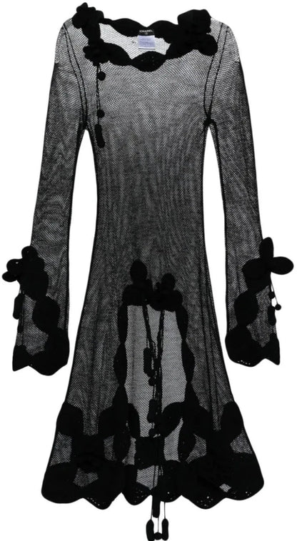 Floral-Appliqué Semi-Sheer Dress