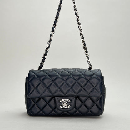 Classic Flap Mini Rectangle Navy Shoulder Bag in Lambskin, Silver hardware