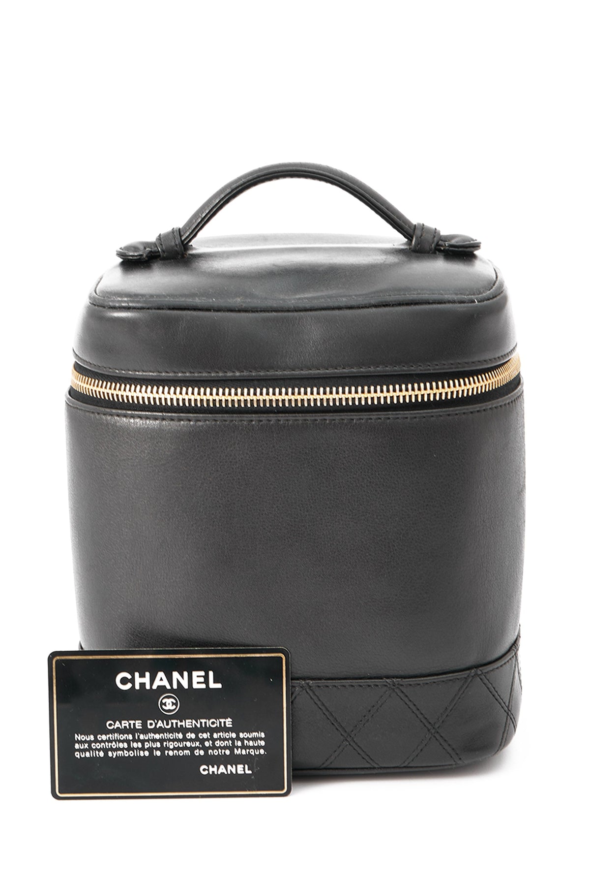 Vanity Black Top Handle Bag in Lambskin, Light Gold hardware