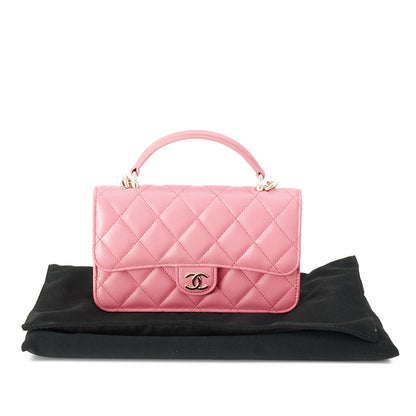Classic Mini Pink Top Handle Bag in Lambskin, Light Gold hardware