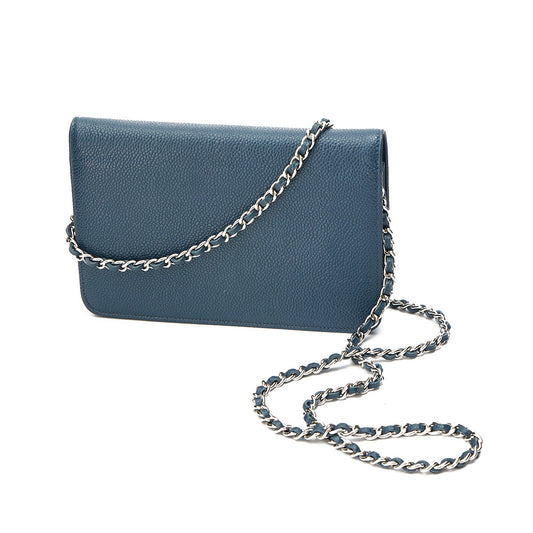 Timeless CC Blue Wallet on Chain in Caviar Leather, Silver hardware