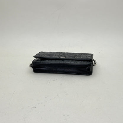 Camellia Black Wallet on Chain in Lambskin, Silver hardware