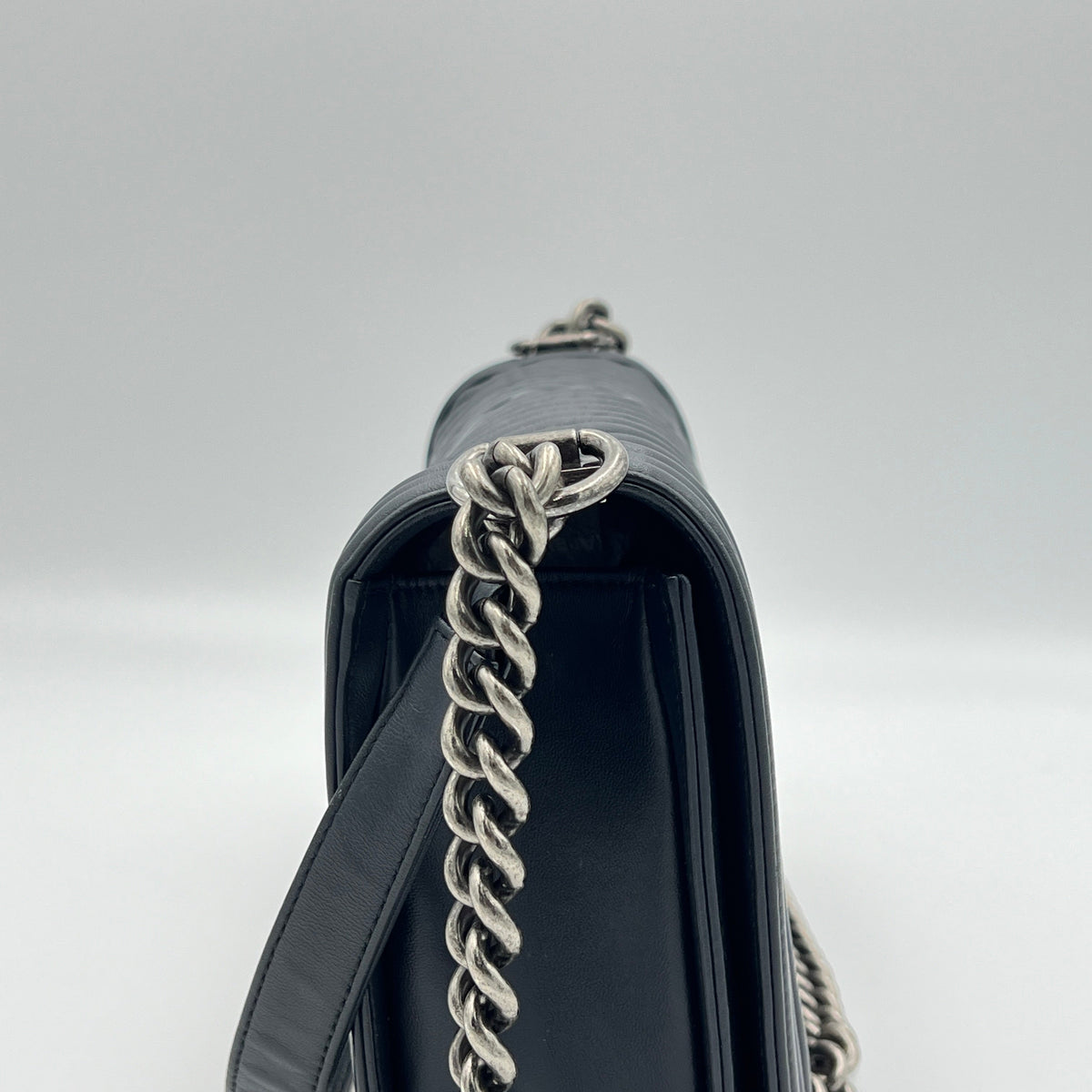 Boy Chevron New Medium Navy Shoulder Bag in Calfskin, Ruthenium hardware