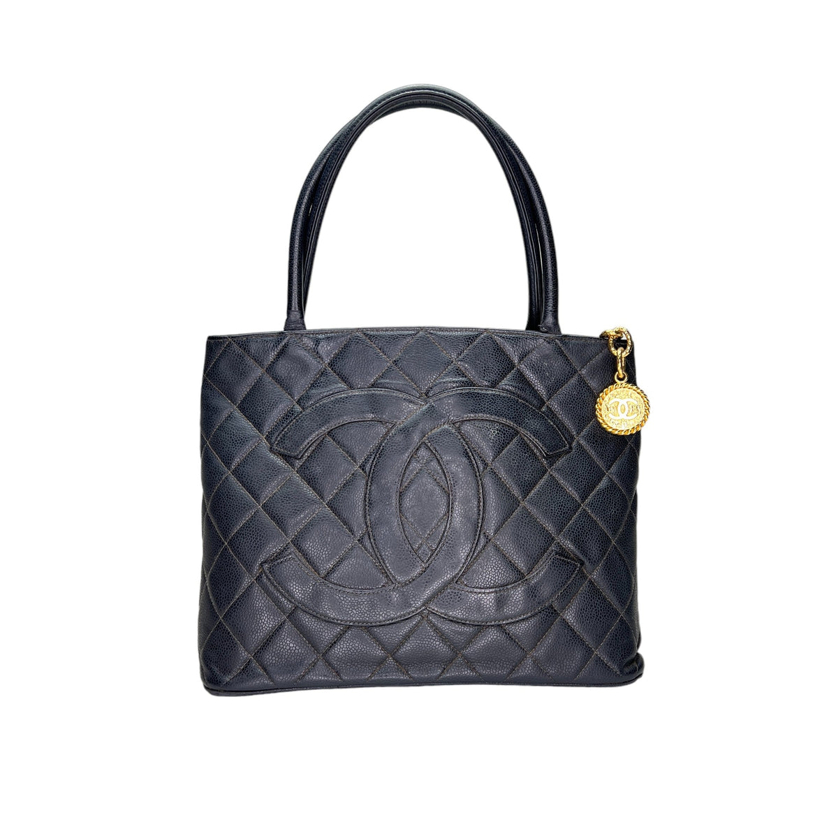 Medallion Black Tote Bag in Caviar Leather, Gold hardware