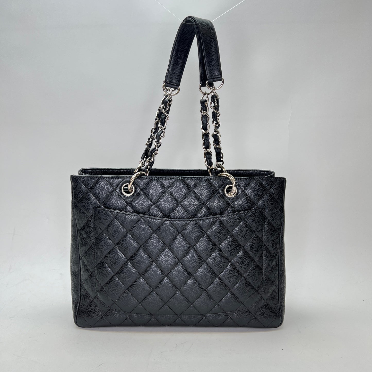 GST Black Tote Bag in Caviar Leather, Silver hardware