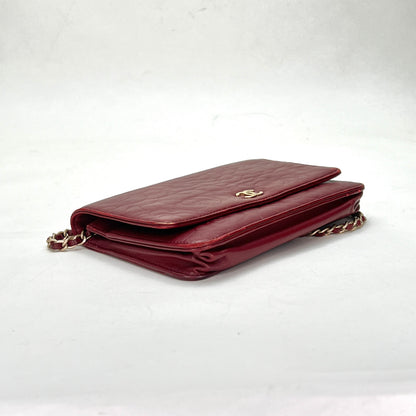 Camellia Red Wallet on Chain in Lambskin, Gold hardware