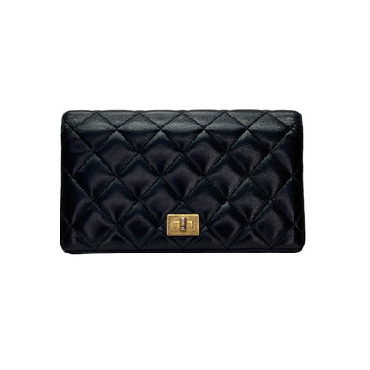 2.55 Long Flap Black Wallet in Calfskin, Gold hardware