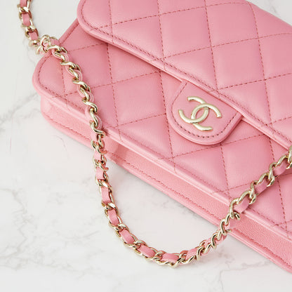 Classic Mini Pink Top Handle Bag in Lambskin, Light Gold hardware