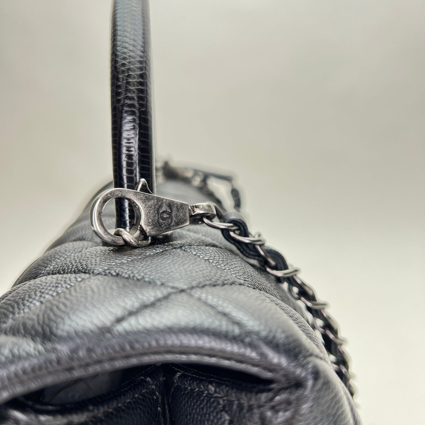 Coco Medium Black Top Handle Bag in Caviar Leather, Ruthenium hardware