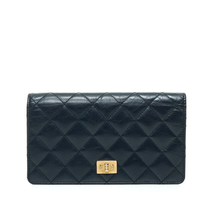 2.55 Reissue Long Fold Navy Wallet in Distressed Leather, Gold hardware