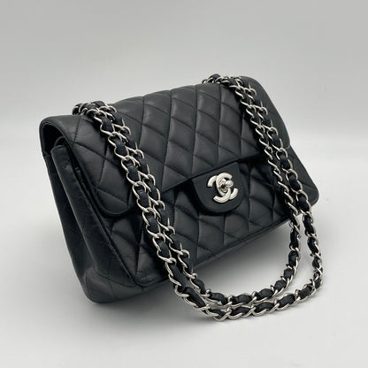 Classic Double Flap Small Black Shoulder Bag in Lambskin, Silver hardware