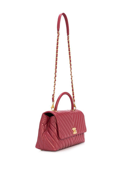 Coco Chevron Small Red Top Handle Bag in Calfskin, Gold hardware