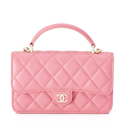 Classic Mini Pink Top Handle Bag in Lambskin, Light Gold hardware