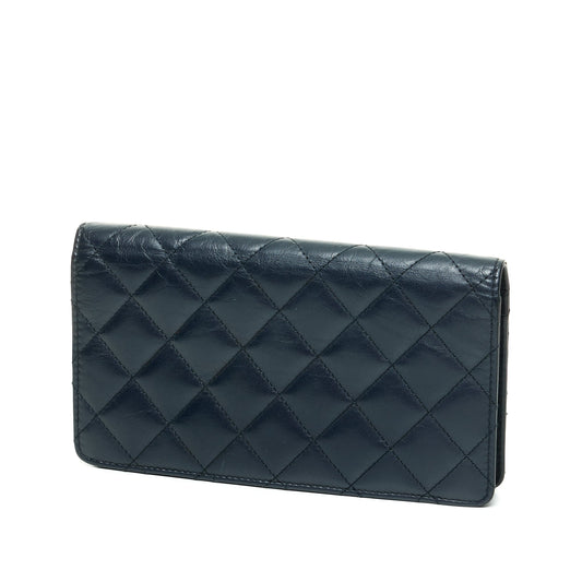 2.55 Reissue Long Fold Navy Wallet in Distressed Leather, Gold hardware