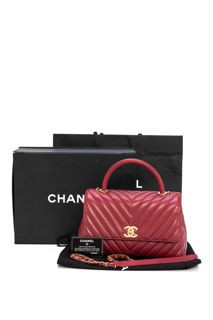 Coco Chevron Small Red Top Handle Bag in Calfskin, Gold hardware