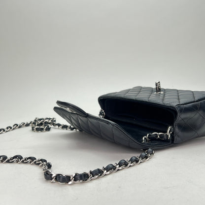 Classic Flap Mini Rectangle Navy Shoulder Bag in Lambskin, Silver hardware