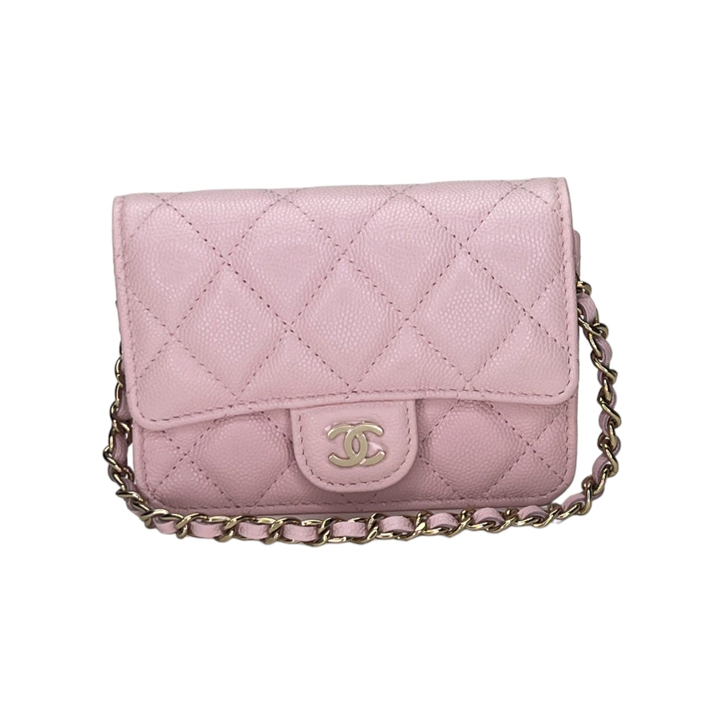 Classic Flap Chain Mini Pink Card Holder in Caviar Leather, Gold hardware