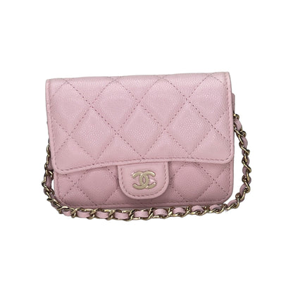 Classic Flap Chain Mini Pink Card Holder in Caviar Leather, Gold hardware