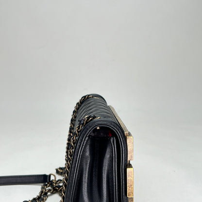 Boy Brick Studded Horizontal Flap Black Crossbody Bag in Lambskin, Brushed Gold hardware