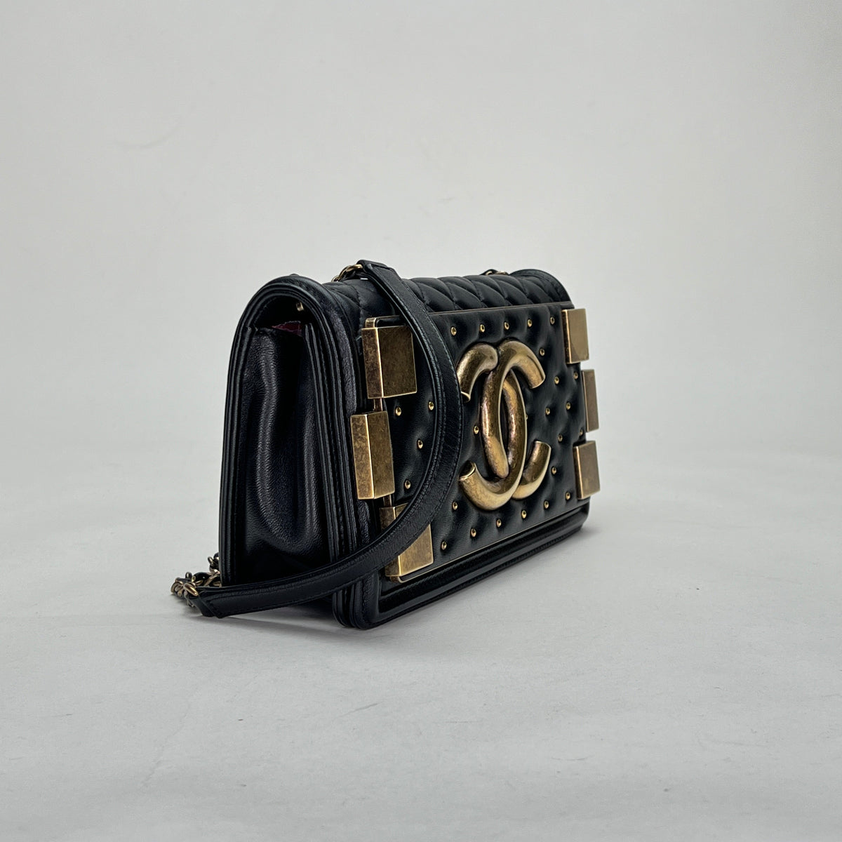 Boy Brick Studded Horizontal Flap Black Crossbody Bag in Lambskin, Brushed Gold hardware