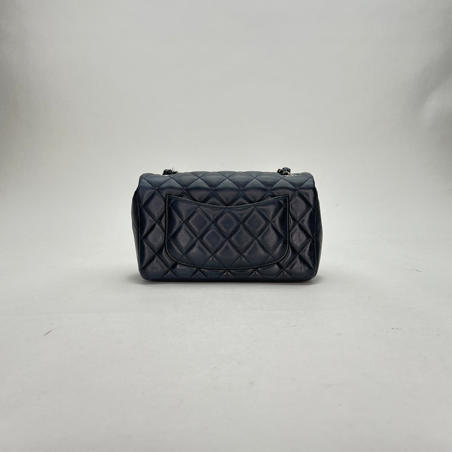 Classic Flap Mini Rectangle Navy Shoulder Bag in Lambskin, Silver hardware