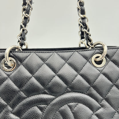 GST Black Tote Bag in Caviar Leather, Silver hardware
