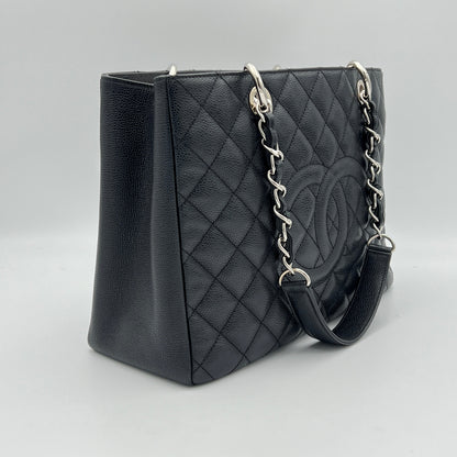 GST Grand Black Tote Bag in Caviar Leather, Silver hardware