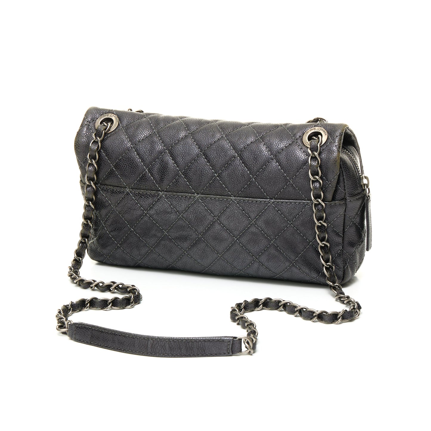 Easy Flap Black Shoulder Bag in Caviar Leather, Ruthenium hardware
