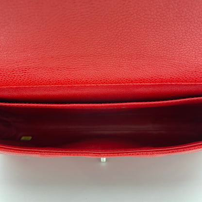 Quilted Chain Red Clutch in Caviar Leather, Silver hardware