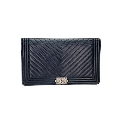 Boy Long Black Wallet in Calfskin, Silver hardware