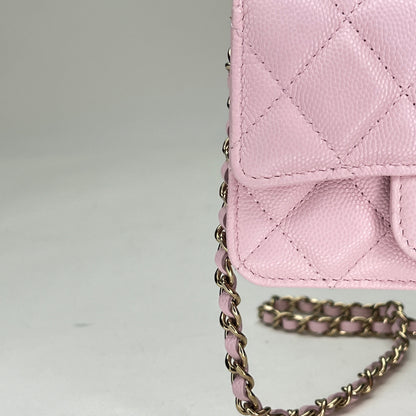 Classic Flap Chain Mini Pink Card Holder in Caviar Leather, Gold hardware