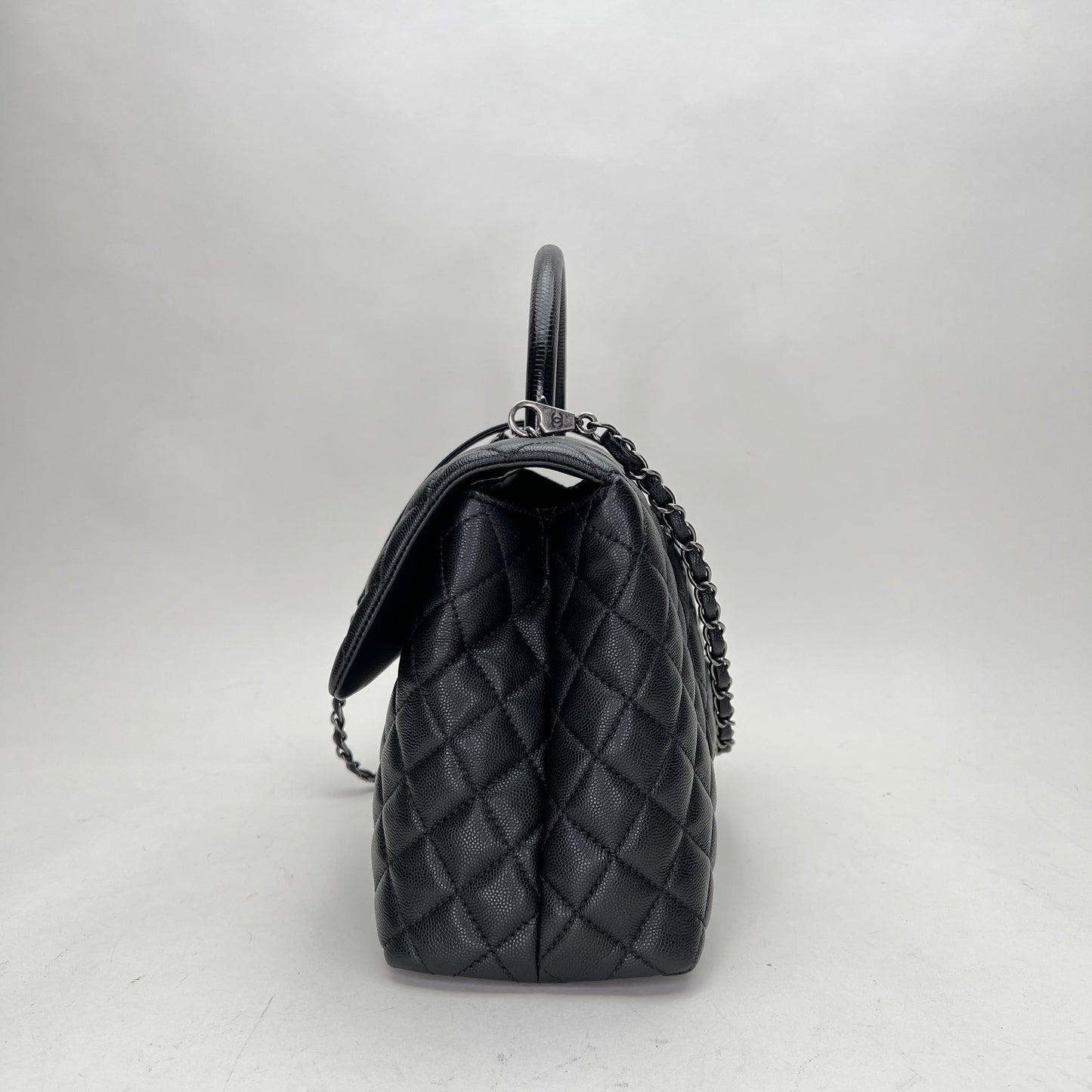 Coco Medium Black Top Handle Bag in Caviar Leather, Ruthenium hardware